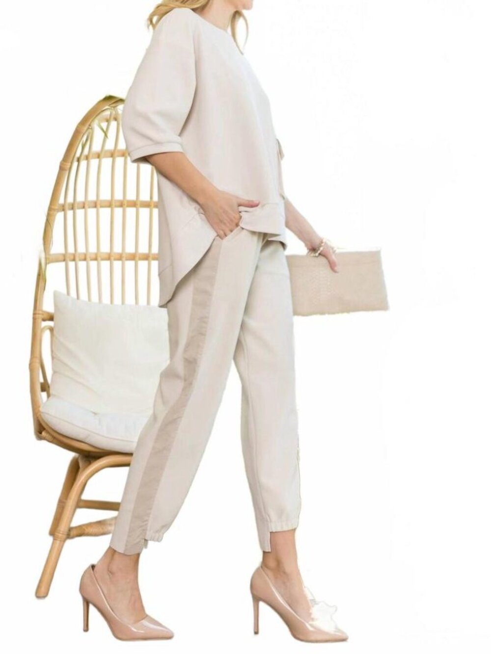 New Joh Katie Crepe Knit High Low Hem Joggers Pants Size Small Beige Pull On